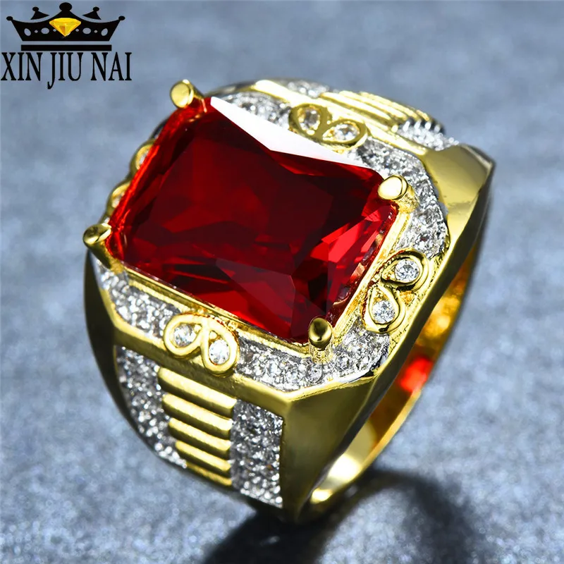 Male Big Red Stone s925 Ring 18KT Yellow Gold Filled Vintage Wedding Engagement Rings For Men For Silver Gold Wedding Rings