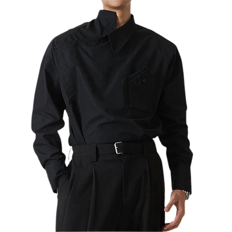 Men s Fashionable Spring Autumn Long Sleeve Stand Collar Shirt with Unique Oblique Button Design and Solid Color Detail