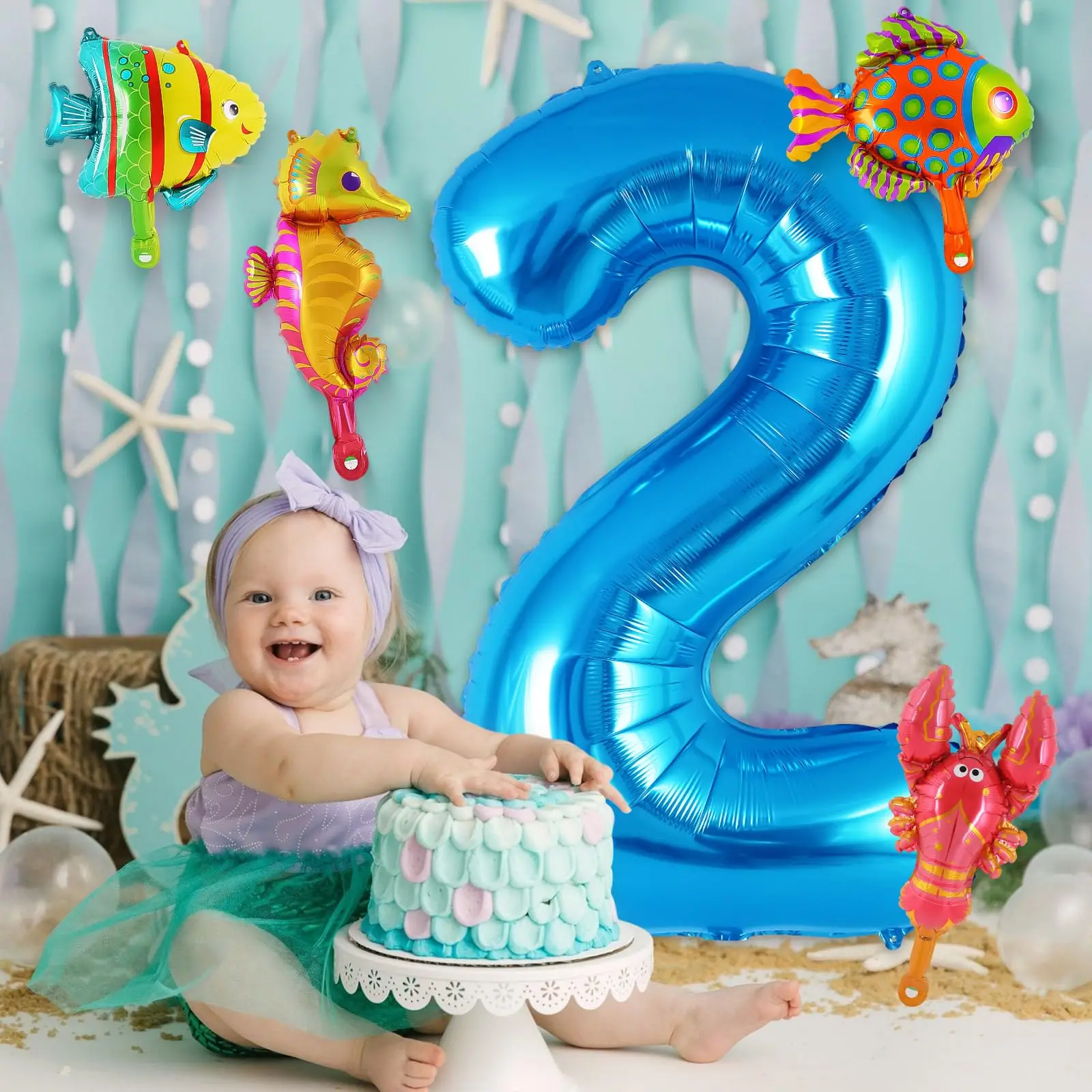5-teiliges Mini-Luftballon-Set mit Meerestieren, 32 Zoll, blaue Zahlenballon, Oktopus, Seepferdchen, Fisch, Folienballons für Kindergeburtstagsparty-Dekorationen – Detail 9