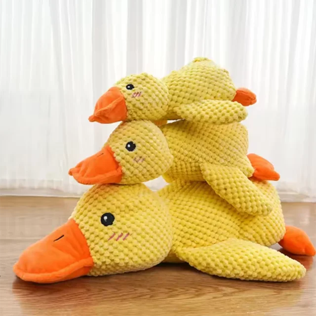 Hot dog sleeping with duck toys to relieve boredom of little yellow duck pet puppy interactive plush doll hug duck 5