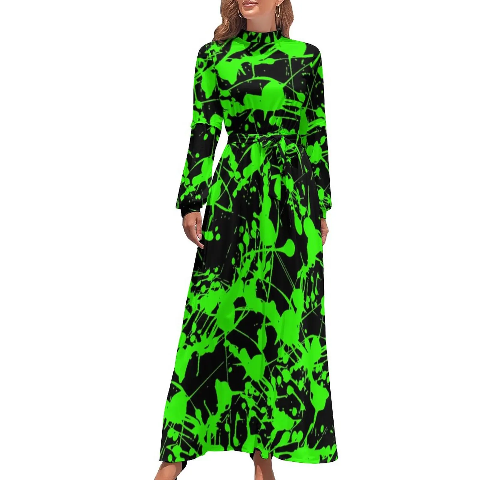 

Green Splash Dress Abstract Print Modern Graphic Maxi Dress High Waist Long Sleeve Aesthetic Beach Long Dresses