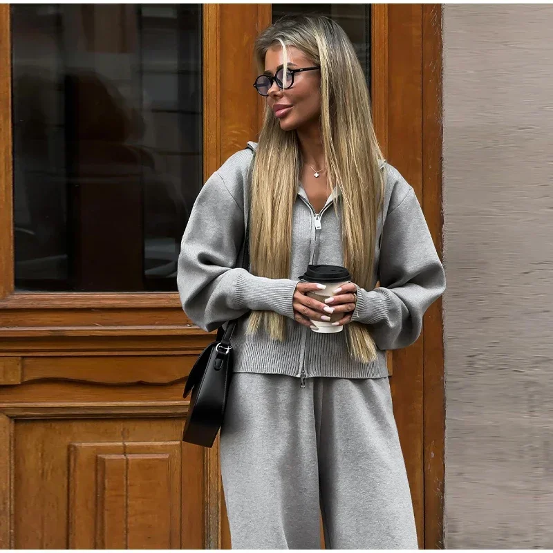 Knitted Pants Sets Women Stand Collar Zipper Cardigan Loose High Waist Pants Suits Autumn Winter New in Matching Outfits