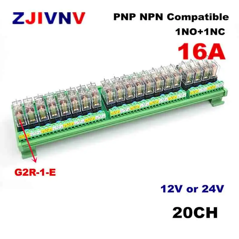 

20 Channels 1NO+ 1NC 1 SPDT DIN Rail Mount PNP NPN Compatible Interface Relay Module G2R-1-E 16A INPUT DC 12V 24V