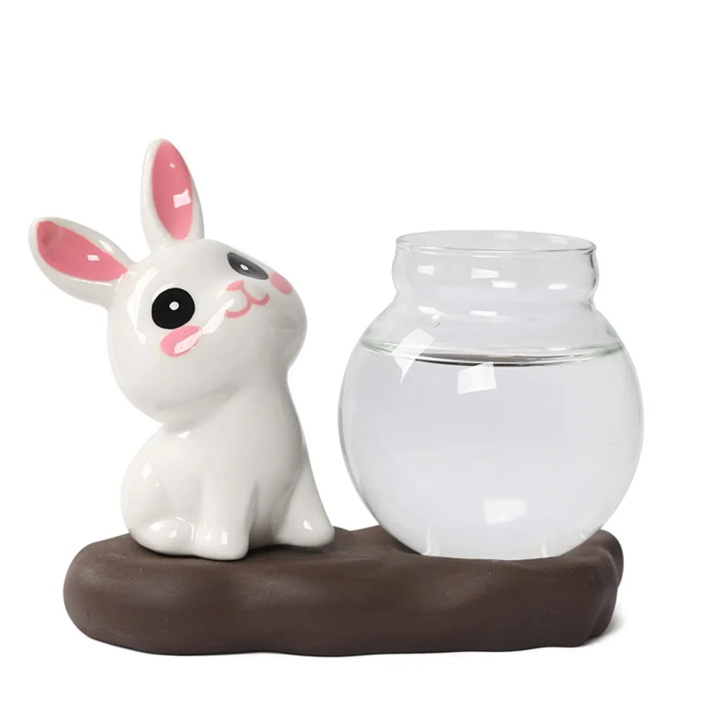 Cute Rabbit Hydroponic Plant Vases Transparent Glass Vase Tabletop Decoration Aquatic Flower Bottle with Wooden Base