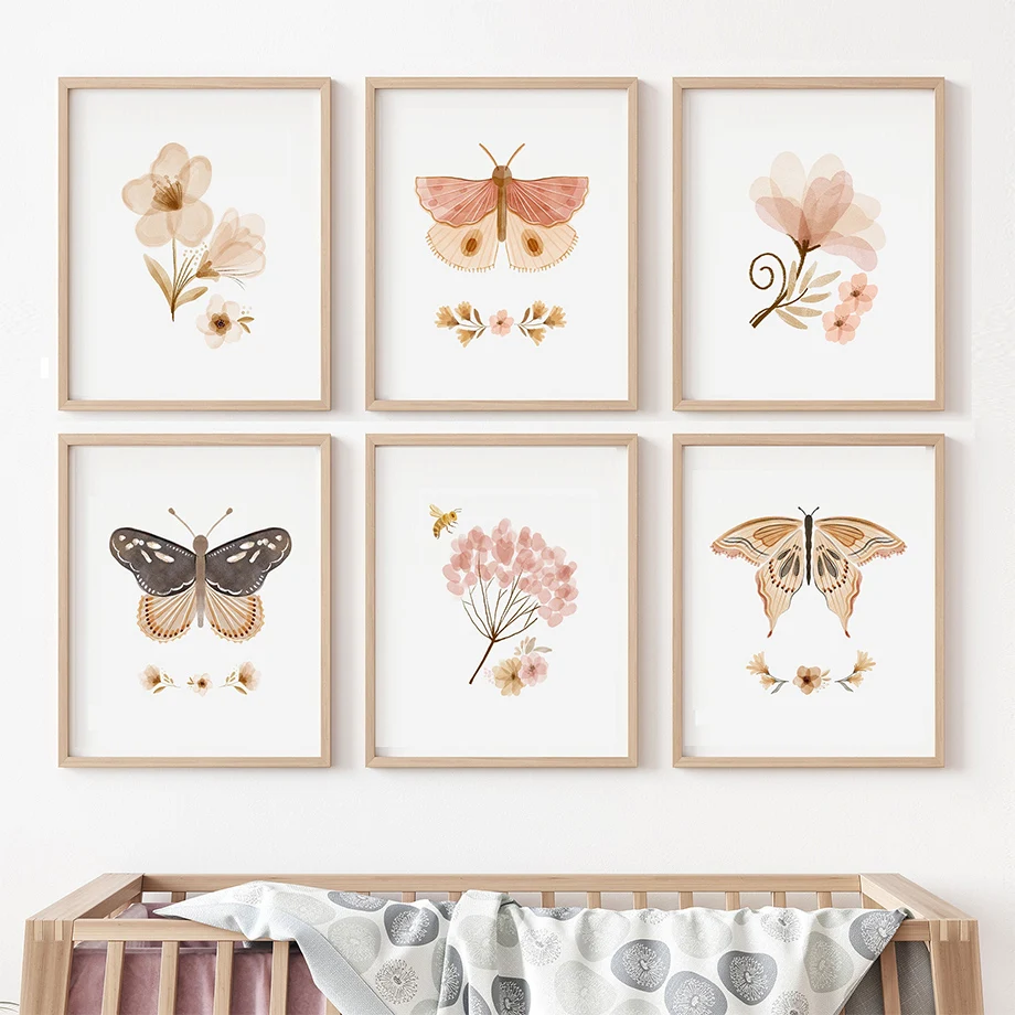Watercolor Flowers Butterfly Moth Bee Nursery Wall Art Mural Canvas Animal Painting Posters Prints Wall Pictures Kids Room Decor