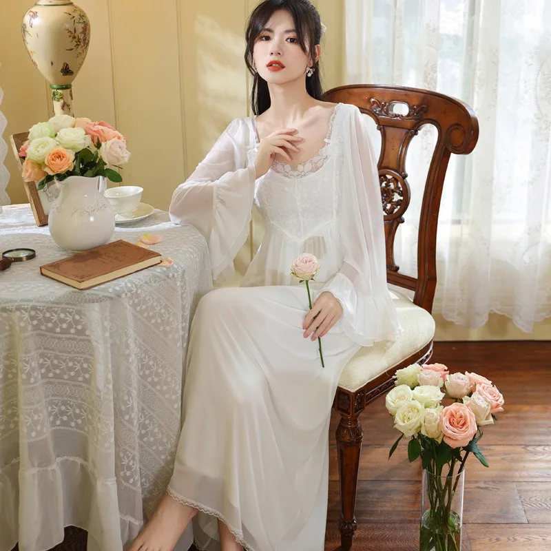 IRENE TINNIE New Lady Autumn French Lace Modal Pyjamas Court Princess Breast Cushion Homewear Long Sleeve Mesh White Nightdress