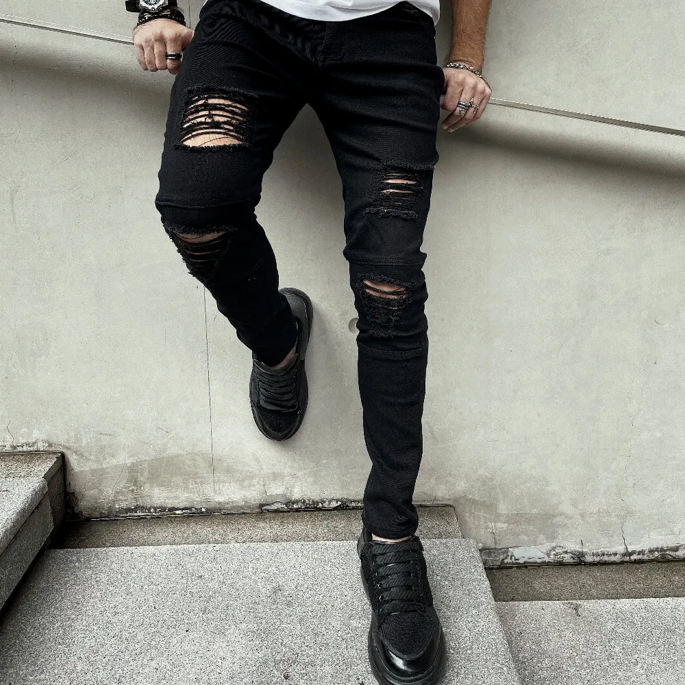Men Ripped Skinny Pencil Jeans Stylish Slim Holes Casual Denim Pants for men jeans,ripped jeans
