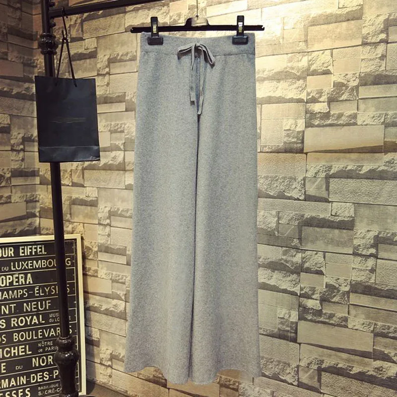 Fashion All-match High Waist Wide Leg Knitted Pants Autumn Winter Women's Clothing Simplicity Elastic Drawstring Solid Trousers
