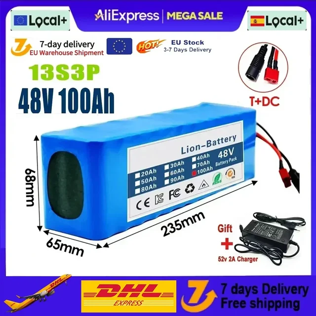 Nouvelle batterie lithium-ion originale 48V 100Ah 1000W 13S3P 100000mAh 54,6V pour trottinette électrique avec BMS + chargeur 1