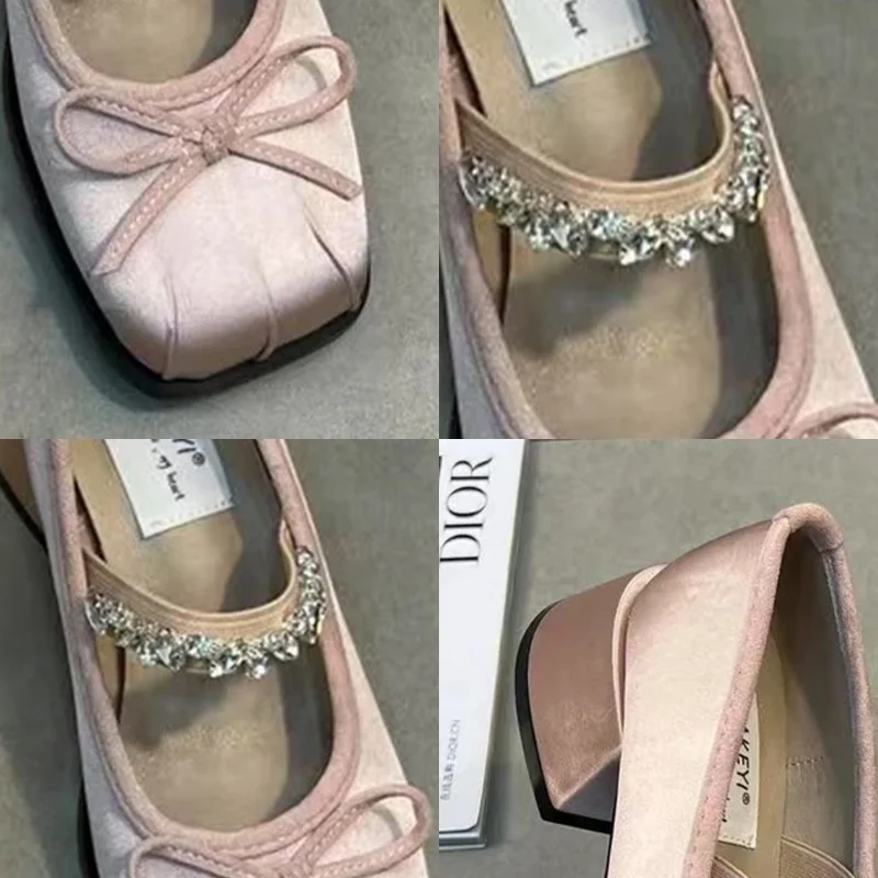 Crystal Bow Mary Jane Shoes Mid Heels Women Chunky Shoes 2025 Elegant Shallow Spring Pumps Shoes Dress Trend De Party Zapatillas 5