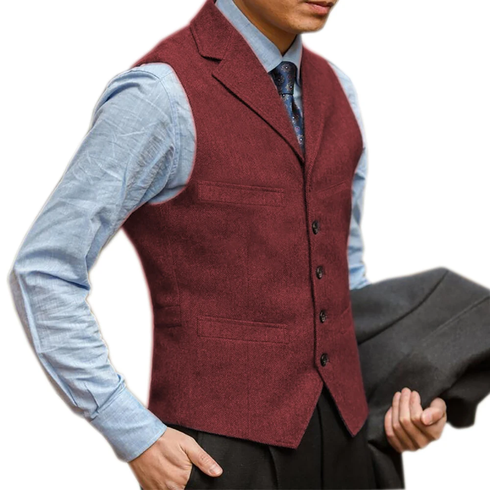 Men's British Herringbone Tweed Suit Vest Business Formal Dress Waistcoat Notch Lapel Sleeveless Casual Vest