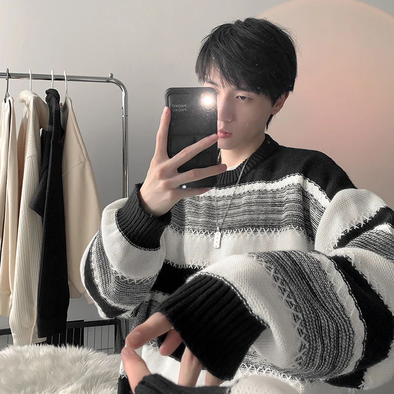 Fashion Striped Color-Block leisure time Knitted Wool Sweater Men's Pullover Korean Style Chaopai  men clothing streetwear
