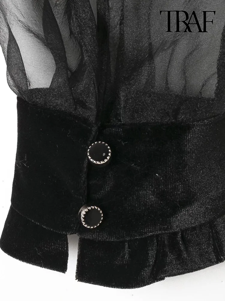 Women Fashion Patchwork Ruffles Velvet Blouse Vintage O Neck Long Sleeve Female Shirts Blusas Chic Tops - Image 6