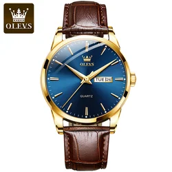 OLEVS Men's Waterproof Classic Leather Quartz Watch with Calendar (Golden blue)