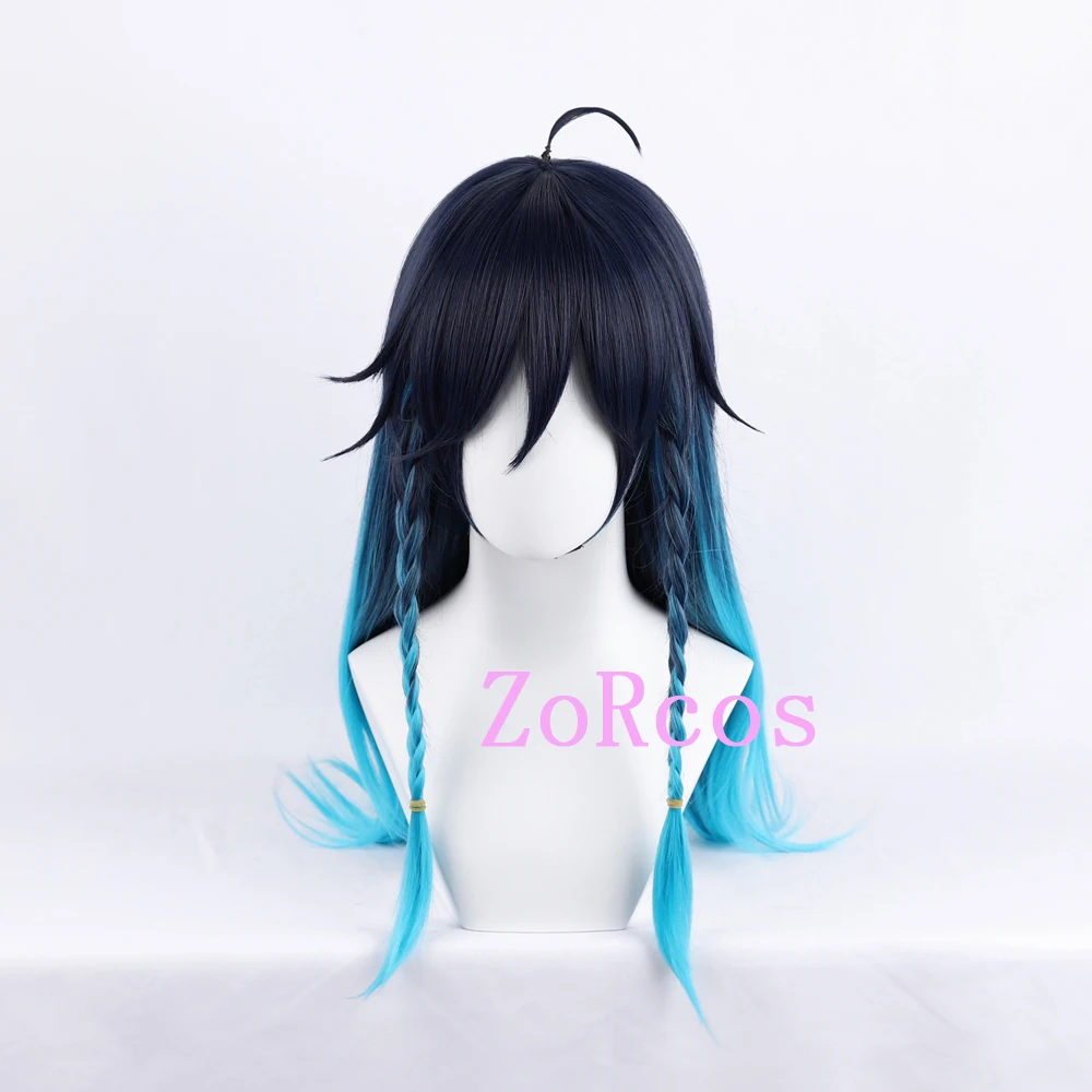 Game Genshin Impact Venti Female Cosplay Wig Venti 65cm Long Blue Heat Resistant Synthetic Hair Halloween Party Role