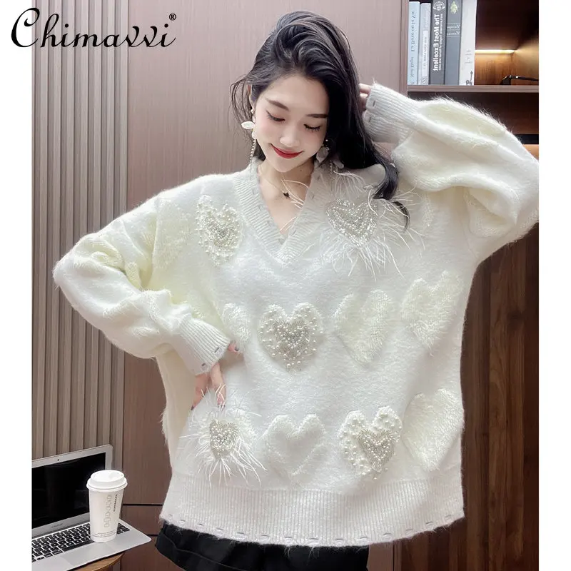 

Autumn Winter New Heavy Heart Shape with Diamond Feather Cute Sweater Loose Pullover Oversized Idle Style Korean Women Tops