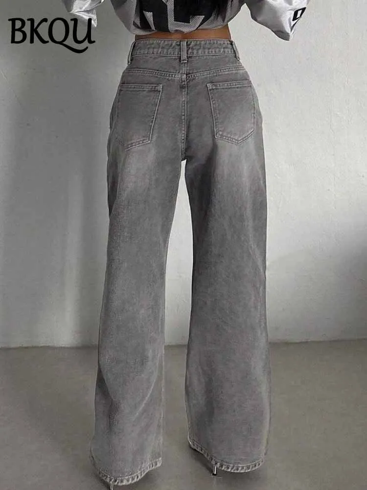 BKQU Gray Vintage Baggy Jeans Woman Streetwear High Waist Y2K Wide Leg Denim Pants Loose Female Hip Hop American Trousers 2000s 4