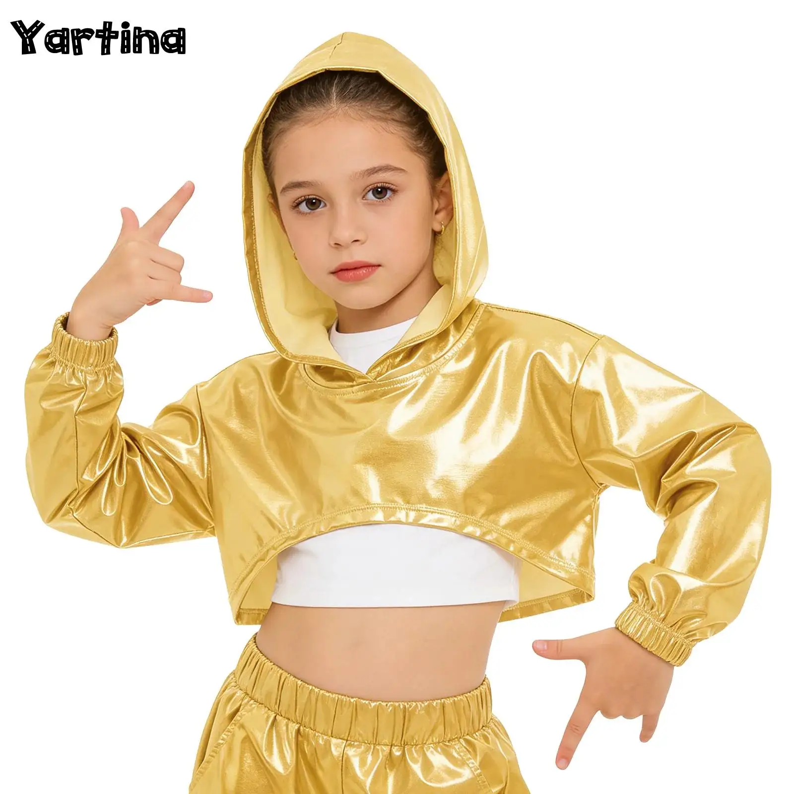 Kids Girls Long Sleeve Cropped Hooded Top Hip-Hop Jazz Dance Performance Costume Asymmetrical Hem Metallic Hoodie