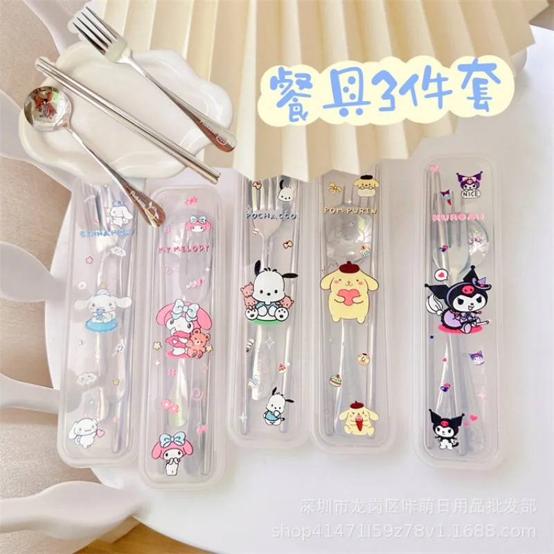 

Kawaii Sanrio 3-piece Tableware Set Melody Stainless Steel Spoon Fork and Chopstick Set Pudding Dog Student Portable Tableware