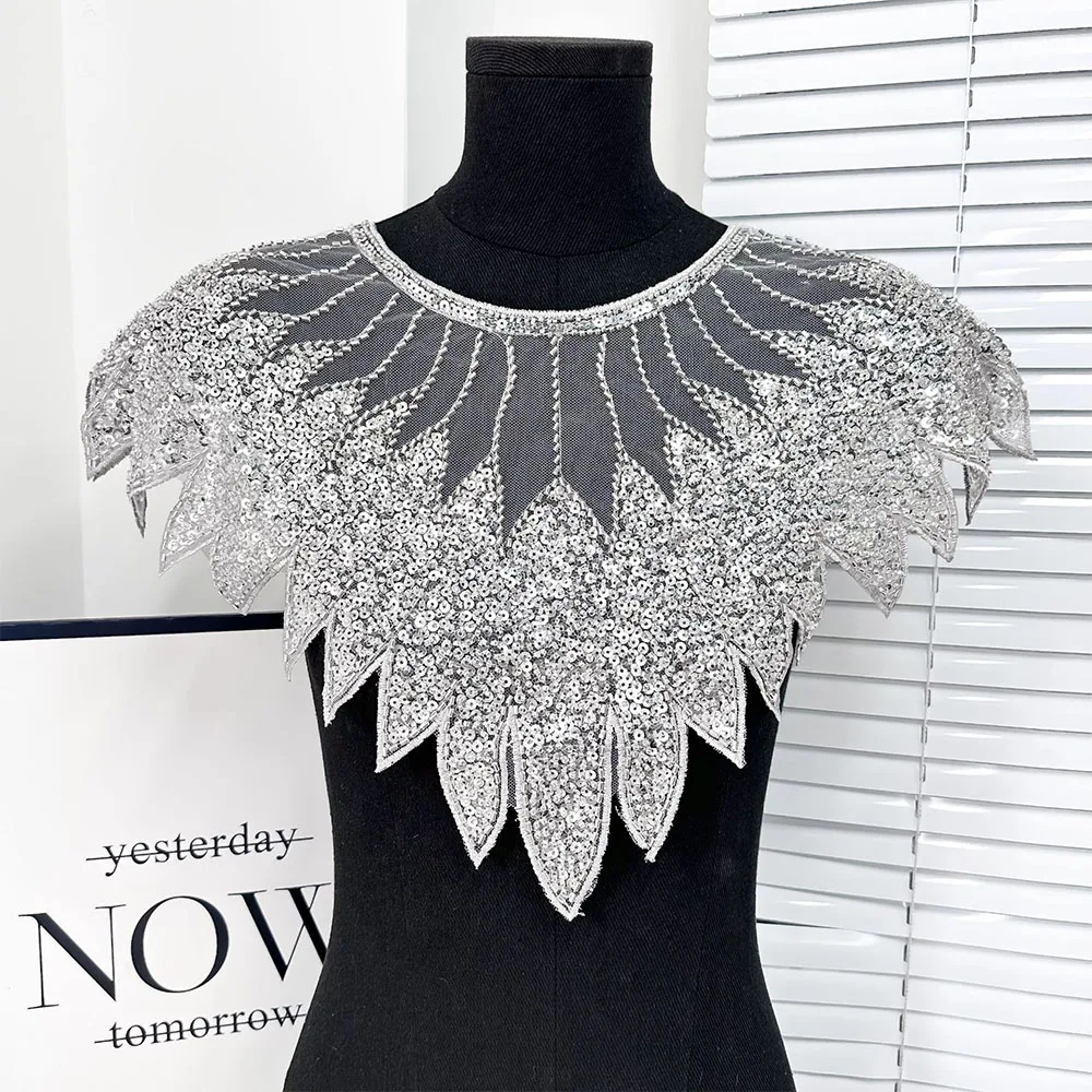 Sparkling Sequin Bead Feather Patches for Wedding Dress DIY - Tulle Fabric Applique Waistbands Shoulder Decor Skirts Accessories