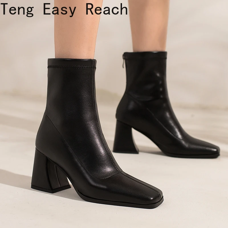 Brand Women Black Square Heel Nude Boots Ladies Retro Single Boots Female Thick Heel Boots Autumn Winter Fashion 2022 New