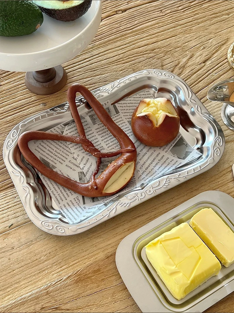 French Vintage Tray Metal Floral Dining Tray Restaurant Commercial Storage Rectangular Tray Refreshment 6