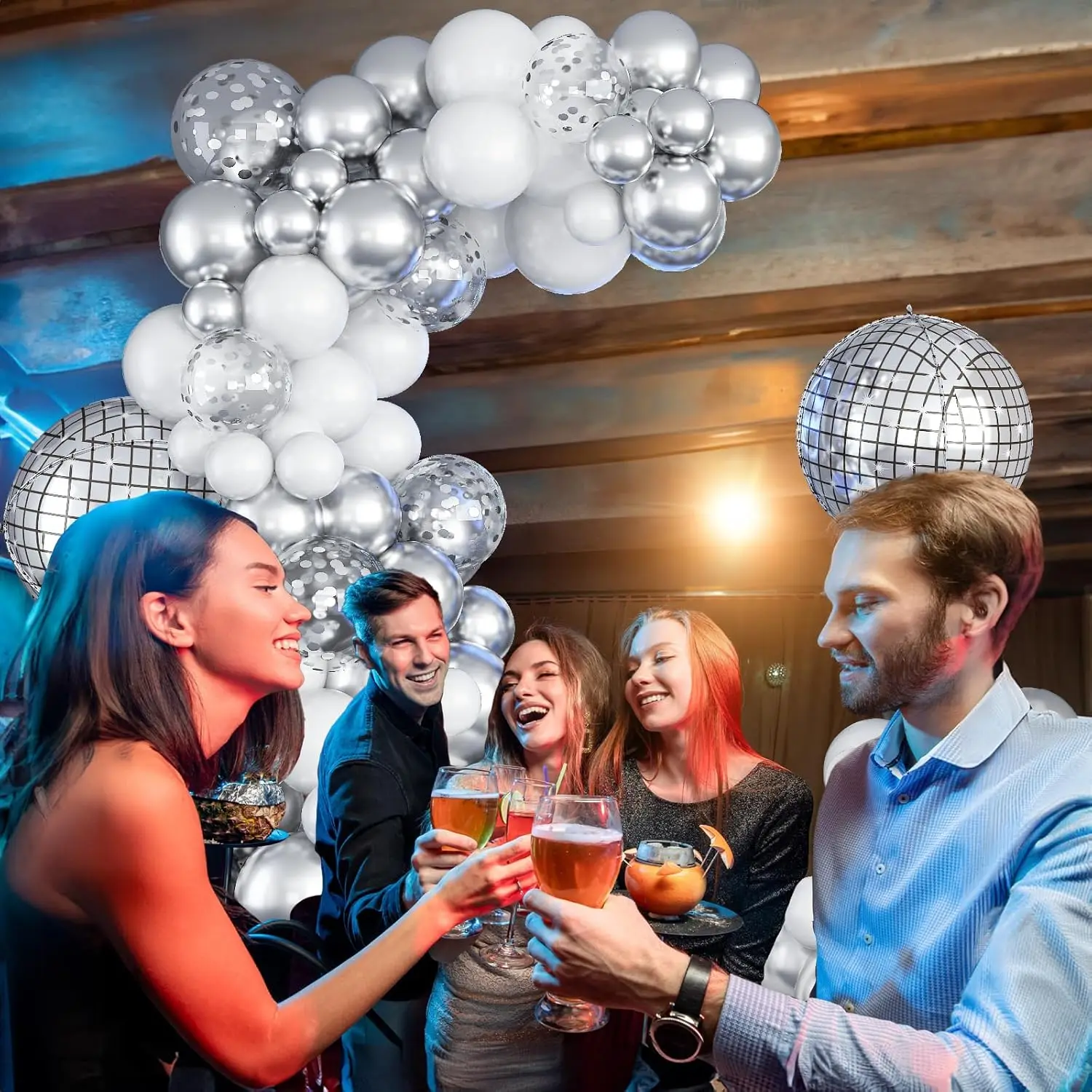 Glamorous Disco Party Decoration Kit with White and Silver Balloon Garland and Confetti Balloons