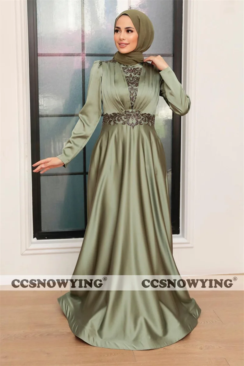 

Long Sleeve Muslim Satin Appliques Evening Dress Hijab Formal Party Gown High Neck A Line Arabic Dubai Kaftan Robe De Soiree