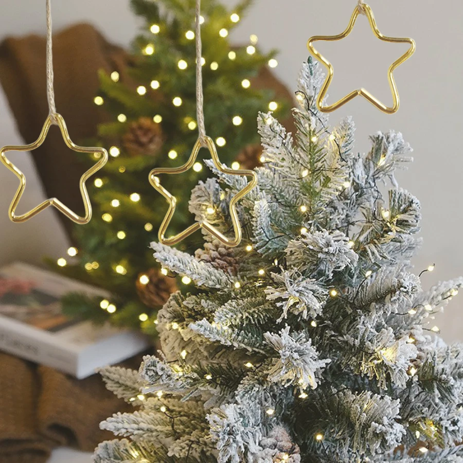 6-Piece Set of Golden Star Pendants for Christmas Tree Decoration, High-Quality Metal Iron Art for Holiday Celebrations, Wreaths, Fireplace, Stair Railings, Door Lintels, DIY Ornament Accessories