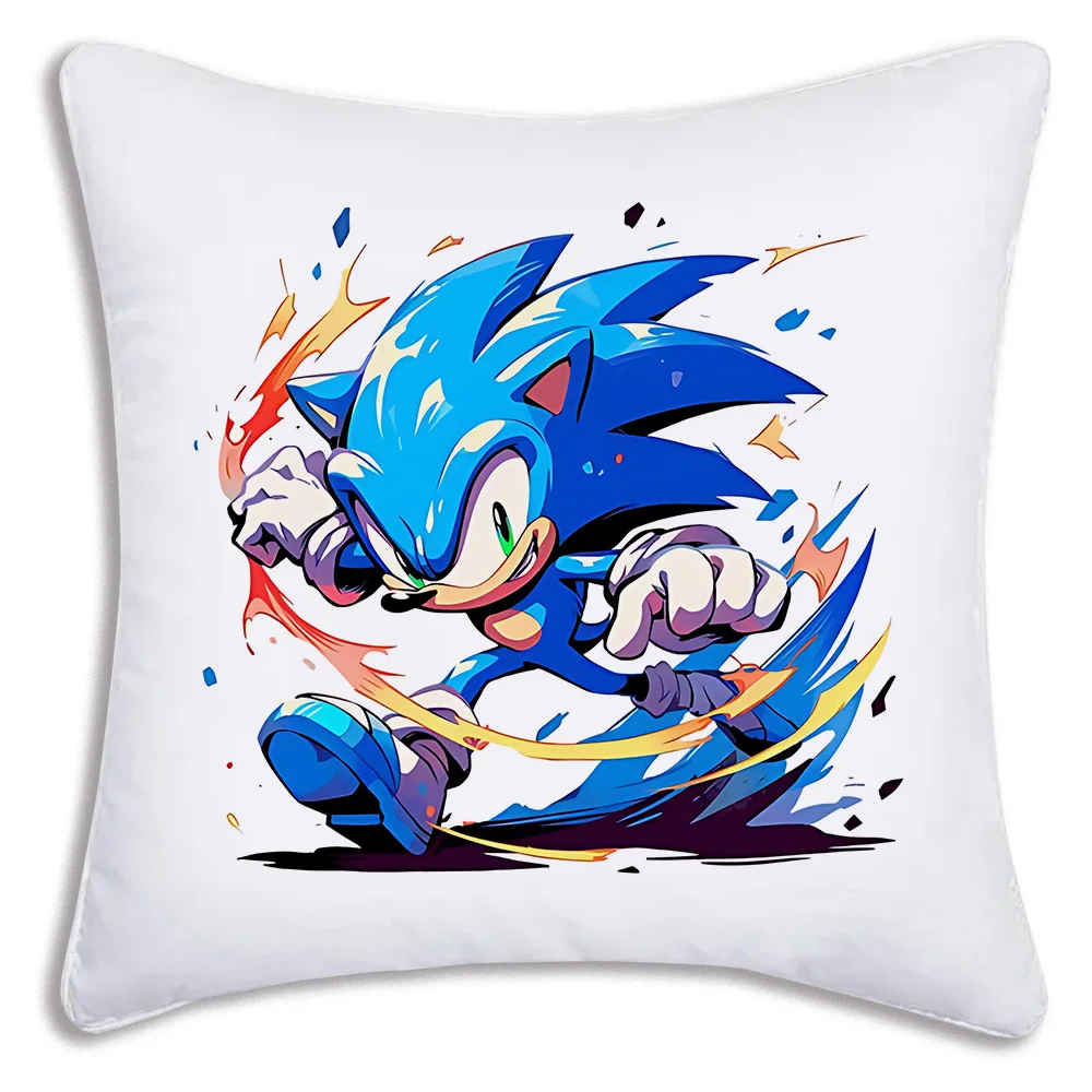Funda de almohada de dibujos animados de anime S-Sonics Hedgehog, funda de cojín de felpa corta con estampado de doble cara para sofá decorativo de dibujos animados para el hogar