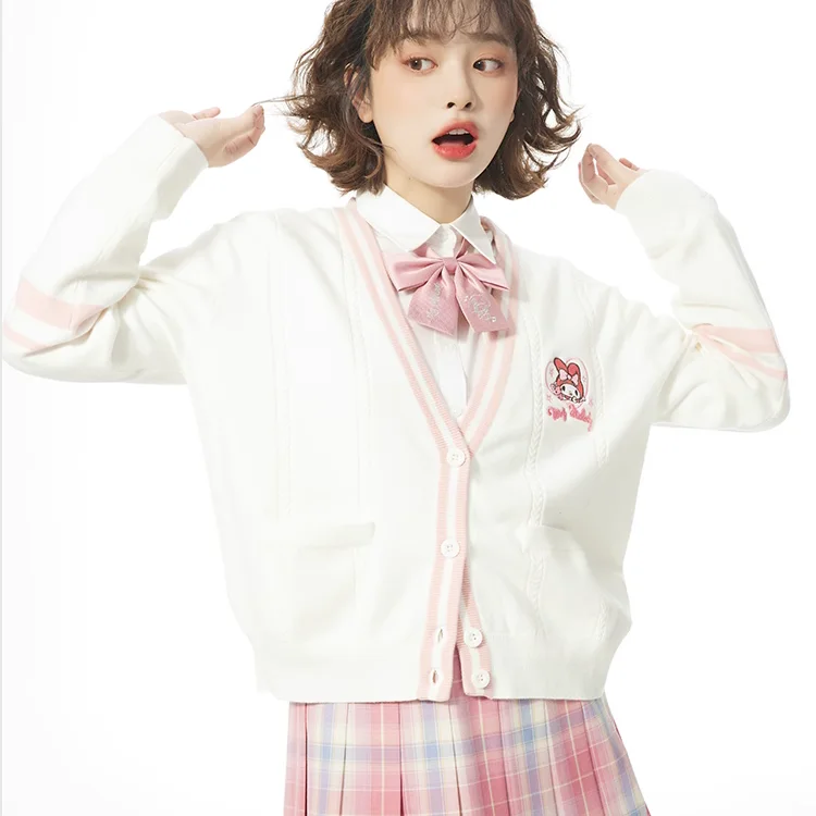 쿠로미 헬로 키티 JK 니트 가디건, 여성 빈티지 프레피 교복 스웨터, V넥 케..
