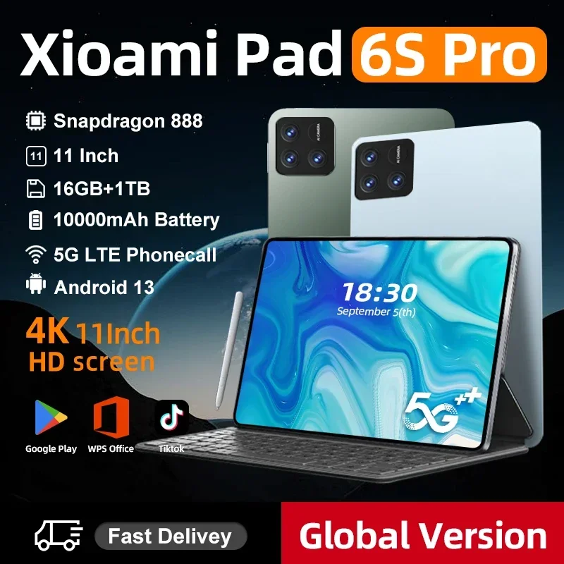 2024 Original Pad 6S Pro Tablet PC Global Version HD 4K Android 13.0 Snapdragon 888 11inch 16GB+512GB 10000mAh 5G Dual SIM WIFI