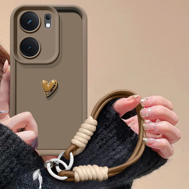 Matte Golden Love Heart Phone Case with Hand Strap – Full Protection Cover