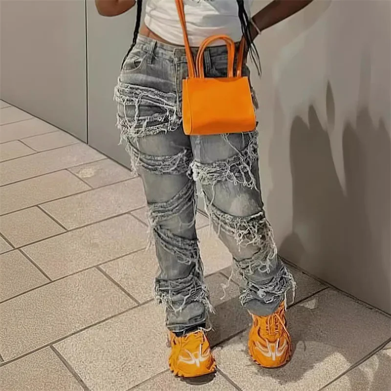 y2k Clothes Streetwear Jeans Tassel Pants Women 2024 Casual High Waist Design denim Blue Fashion Baggy Design Trousers Pants 3