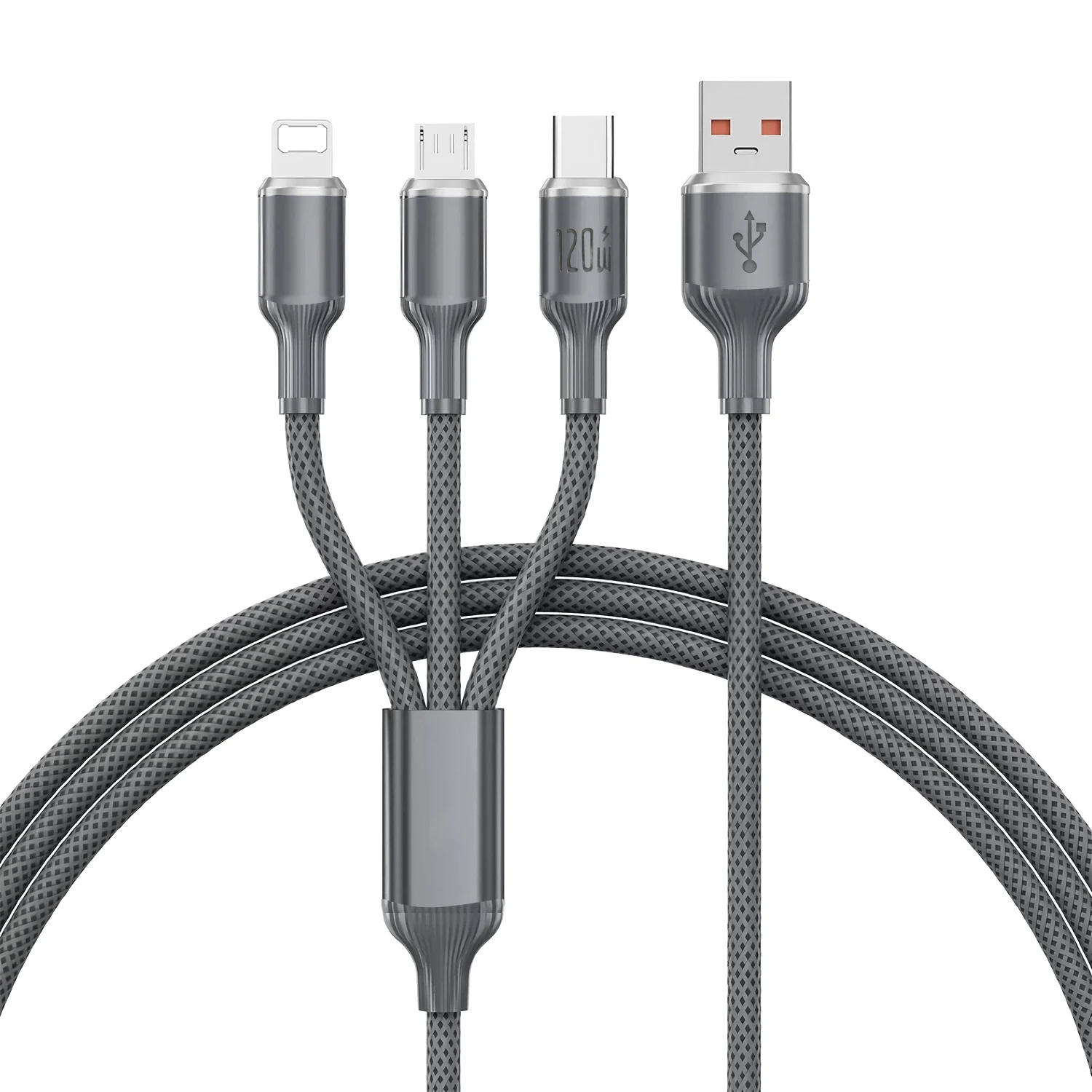 Multi-Port USB Charging Cable 120W Fast Charging Type-C + Lightning + Micro-USB Nylon Braided iPhone Android