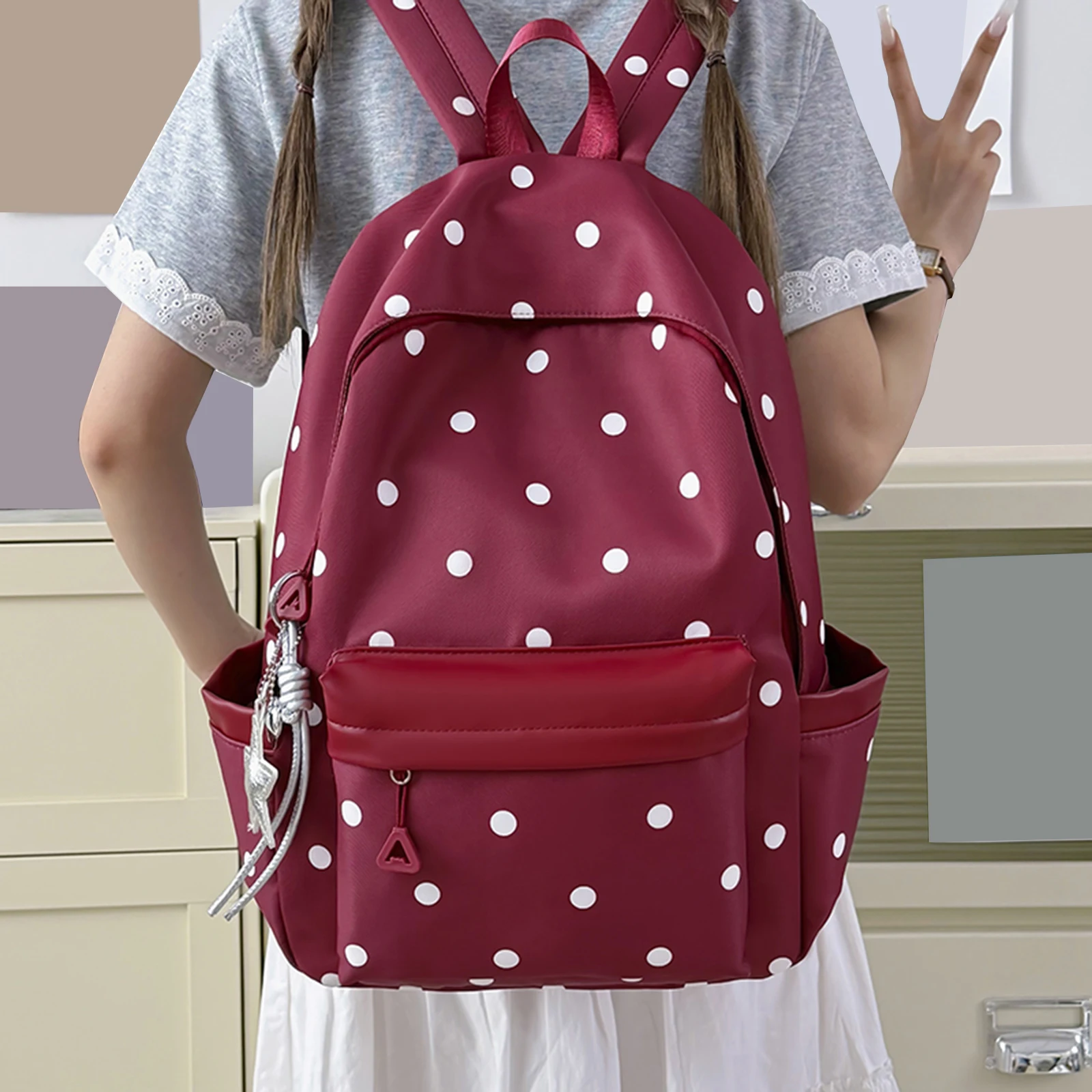 Polka Dot Aesthetic Preppy Backpack Kawaii Sweet Campus Bookbag Travel Casual Daypack for Elementary & Middle Girl Students 3