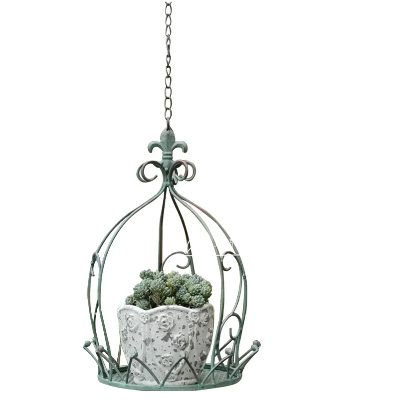 American Country Iron Art Pendurado Crown Basket, Espaço-Nivelamento Flower Rack, Jardim e Varanda Decoração, Display Planta em vaso, ao ar livre