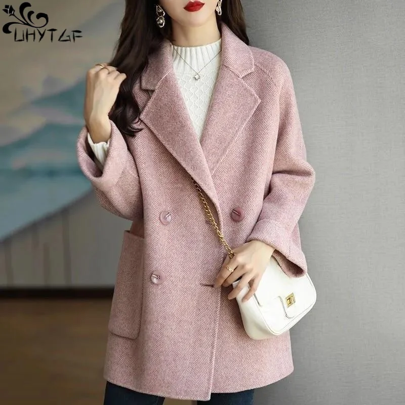 

Женское шерстяное пальто UHYTGF, осенне-зимнее модное двубортное свободное элегантное дамское пальто с отложным воротником и карманами в елочку