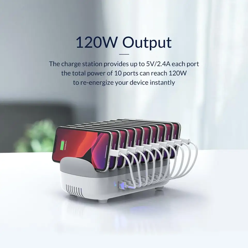 ORICO 120W Charging Station for Multiple Devices, 10 USB Fast Ports with 10 Short Mixed Cables, Charging Stand Organizer for Cell Phones, Smart Phones