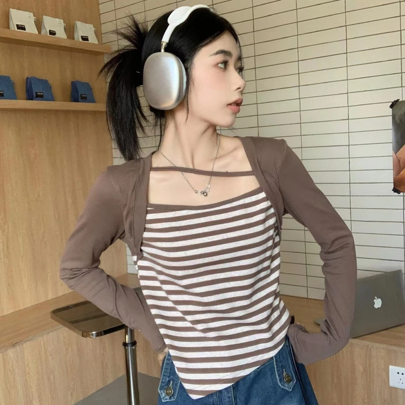 

Spring and Summer New Women's T Shirt Design Sense Striped Patchwork Fake Two-piece Thin Tops Versatile Long Sleeve Tees Female