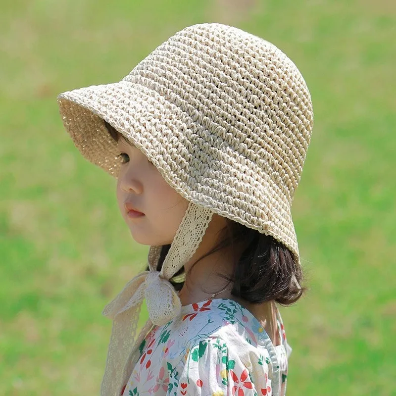 2024 Summer Straw Baby Hat Lace Newborn Baby Bucket Hat Kids Sun Hats Kids Cap Children Panama Cap Outdoor Travel Beach Cap 3
