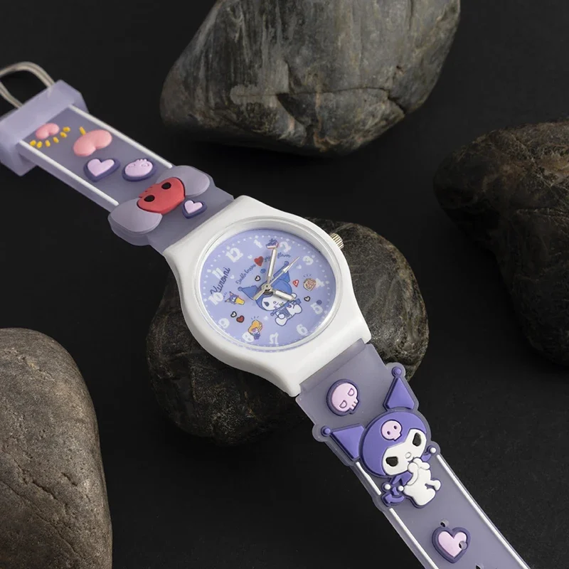 MINISO Sanrio 3D Pattern Children's Watch Cinnamoro Hello Kitty Waterproof Quartz Watch Kuromi Cartoon Silica Gel Watchband Kids 3