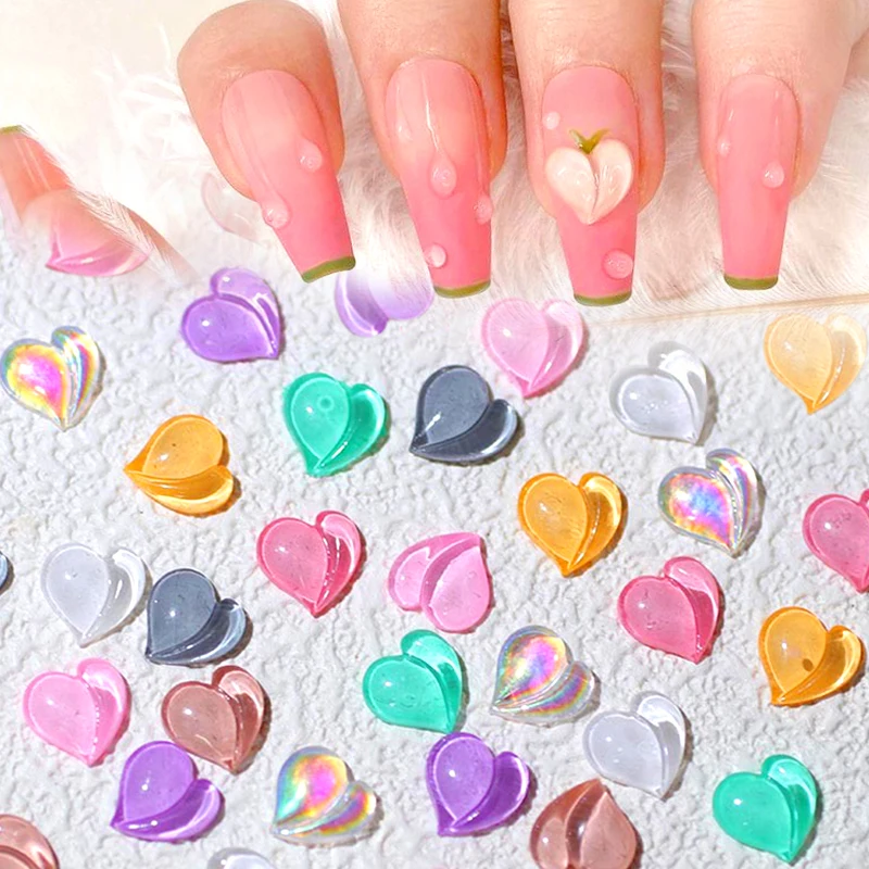 

50pcs Peach Heart Nail Charms Kawaii 3D Crystal Hearts Nail Gems Translucence Aurora Resin Nail Rhinestones Jewelry Decorations