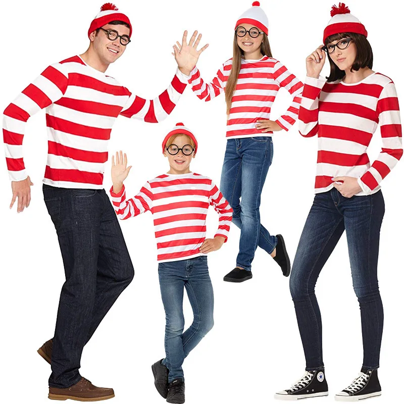 Cartoon Where is Wally Waldo Costume Waldo Book Week Cosplay Outfit Stripe Shirt Hat Glasses Kit  Parent-Child Adult Children