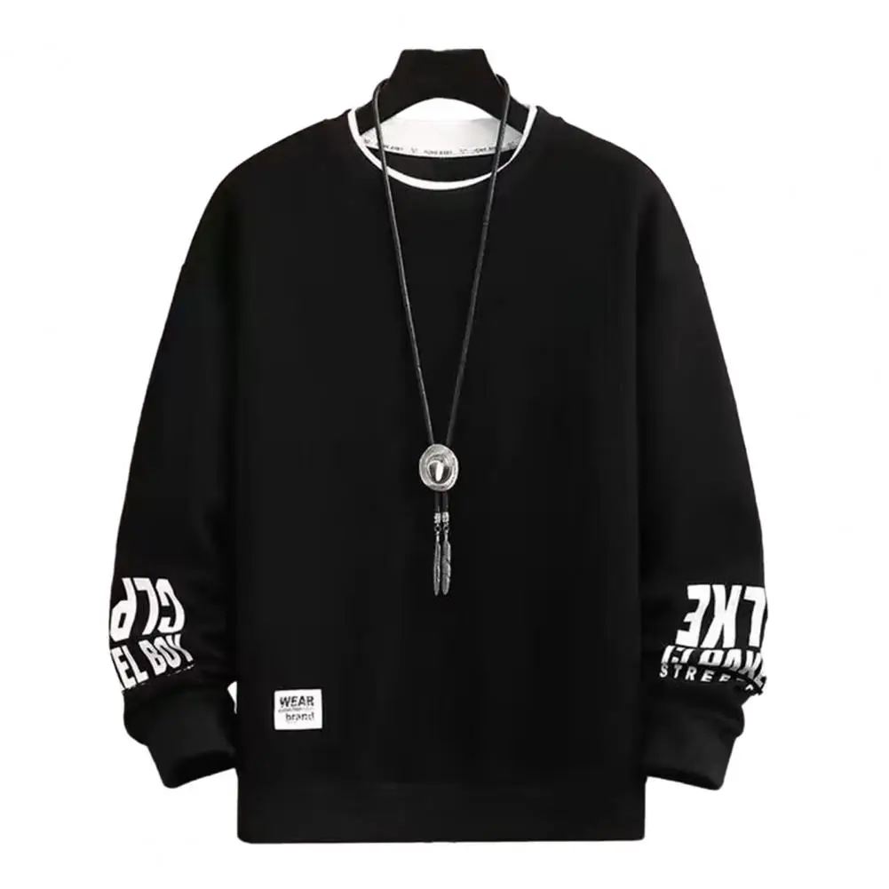 Fall Winter Men Sweatshirt Round Neck Loose Mid Length Thick Sweatshirt Elastic Cuff Fake Two-piece Men Top