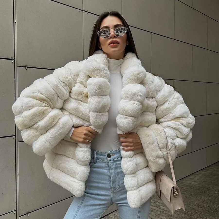 

Womens Jacket Real Rex Rabbit Fur Coat With Lapel Best Selling 2023 Chinchilla Fur Short Rabbit Fur Jackets