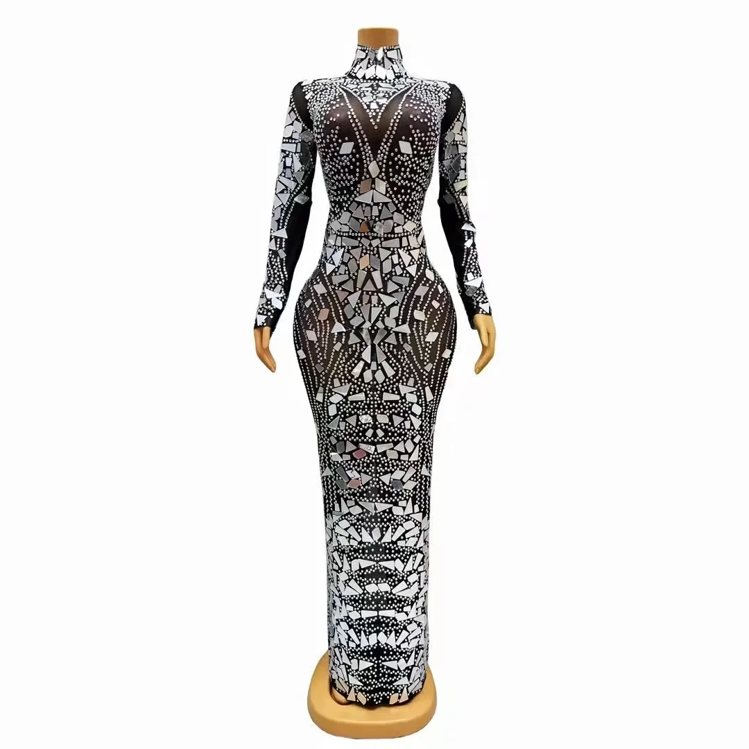 

Sexy Shining Silver Rhinestones Mirrors Birthday Celebrate Dress Singer Dance See Through Black Mesh Stretch Photo Shoot Dress