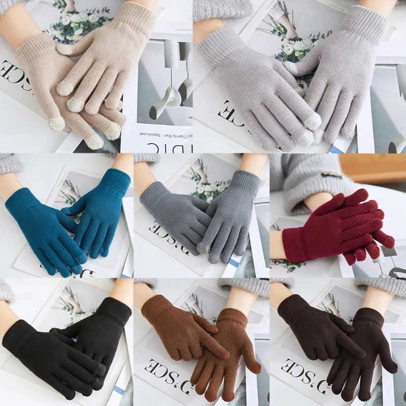 

Men Women Winter Knitted for Touch Screen Gloves Simple Solid Color Thick Plush Lined Stretch Outdoor Windproof Full Finger Hand