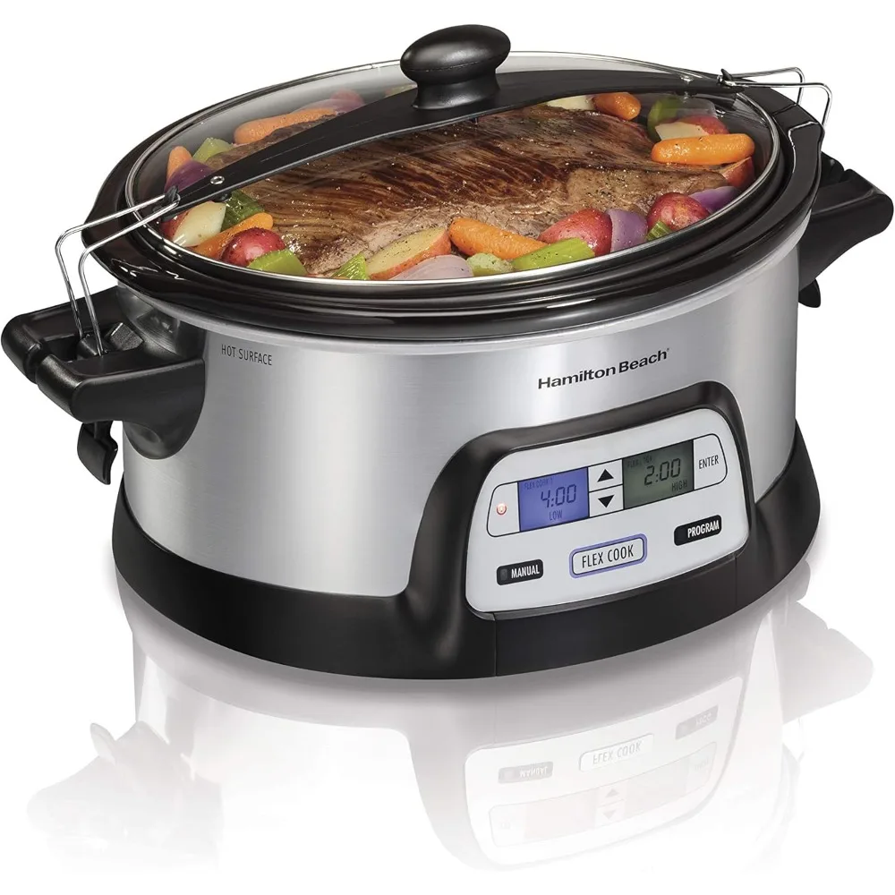 Portable Programmable Slow Cooker, Dishwasher Safe Crock, 6 Qt,  Dual Digital Timer/2 Heat Settings, Lid Lock