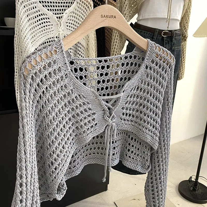 Hollow Out Short Style with Camisole Knitted Sweater for Women's Summer New Loose Long Sleeved Cover Up Sun Protection Top 4